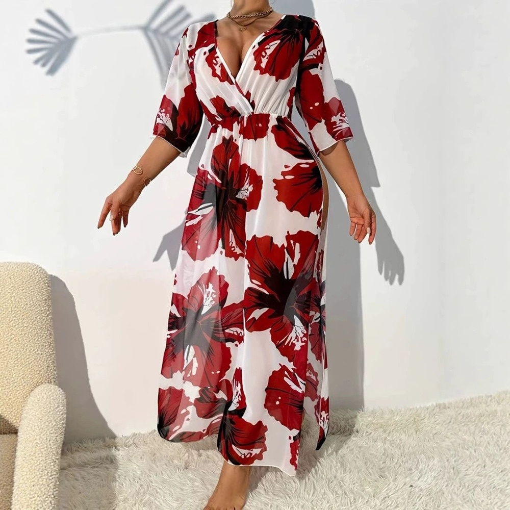 ZARA 4 Way Stretch Floral Print Slit Beach Cover Up Dress - Picture 5 of 6